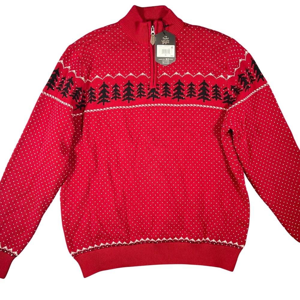 NWT Chaps Mens 1/4 Zip Sweater XL Red Pinetree Ski Holiday Christmas Winter
